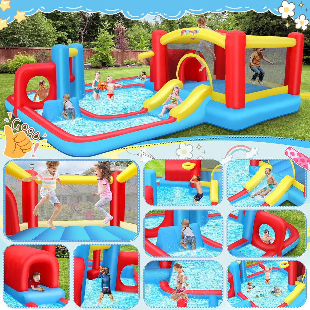 Whubefy Inflatable Water Slide Bounce House Obstacle Course for Kids Backyard Blow Up Water Park w/ 14.3x14.3 ft Large Pool, Sprinkler Hammer, Play Tunnel, Double Ring & Multi-Shape Obstacle Challenge
