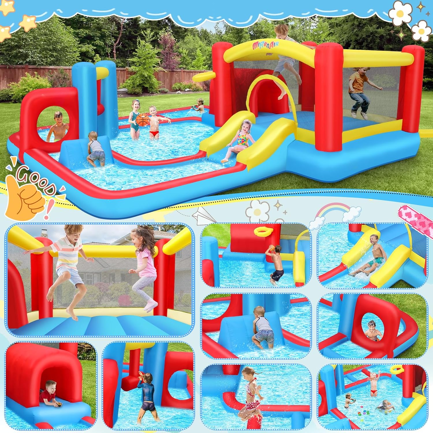 Whubefy Inflatable Water Slide Bounce House Obstacle Course for Kids Backyard Blow Up Water Park w/ 14.3x14.3 ft Large Pool, Sprinkler Hammer, Play Tunnel, Double Ring & Multi-Shape Obstacle Challenge
