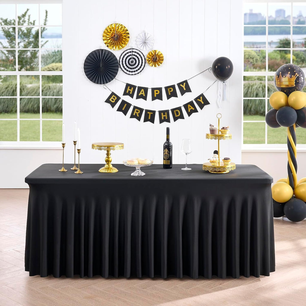 Outpain Black Spandex Tablecloth for 8 Foot Rectangle Tables, 8 Pack Black Fitted Table Cloths 8ft Stretchy Banquet Table Clothes Cover Desk Skirt for Birthday Wedding Parties Baby Shower