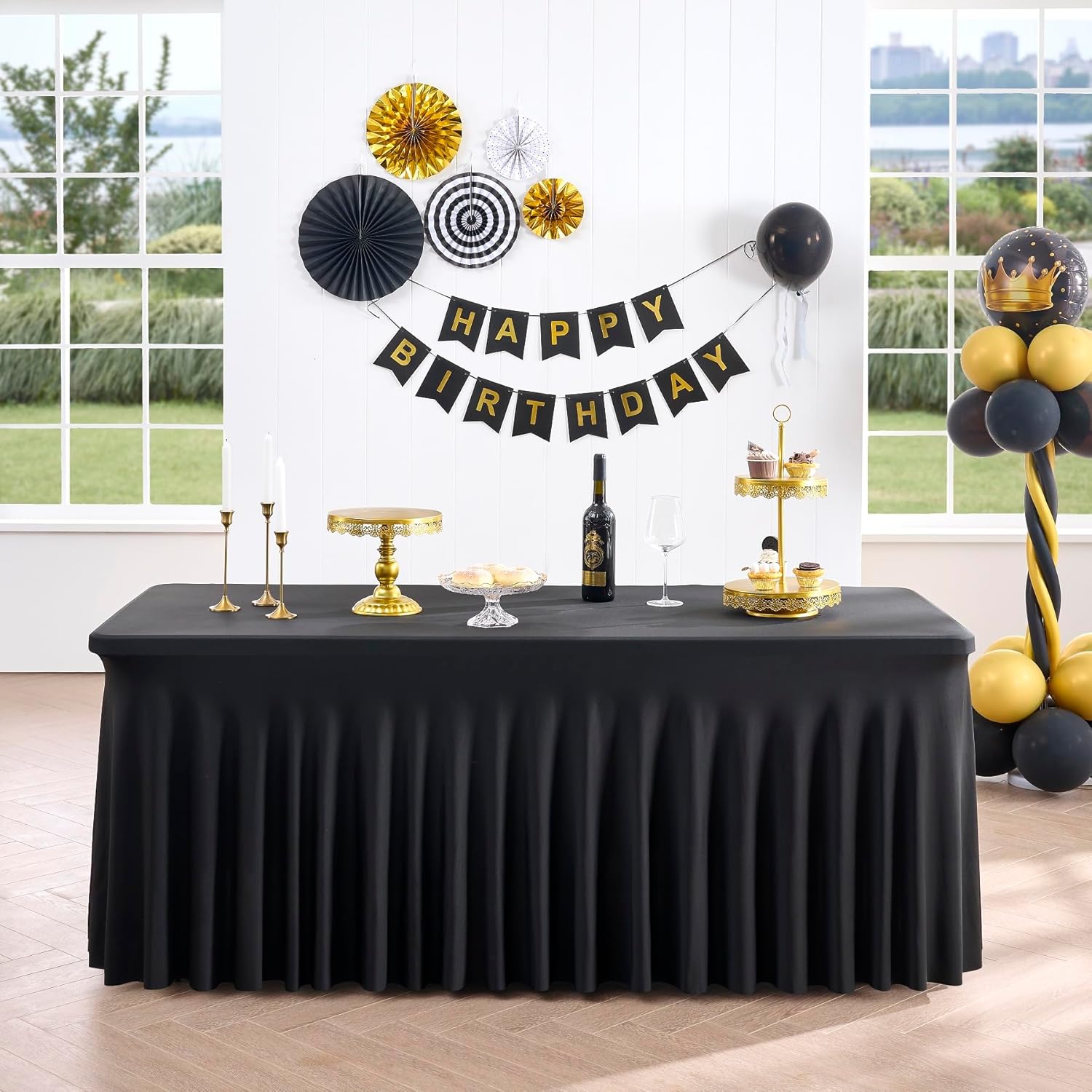 Outpain Black Spandex Tablecloth for 8 Foot Rectangle Tables, 8 Pack Black Fitted Table Cloths 8ft Stretchy Banquet Table Clothes Cover Desk Skirt for Birthday Wedding Parties Baby Shower