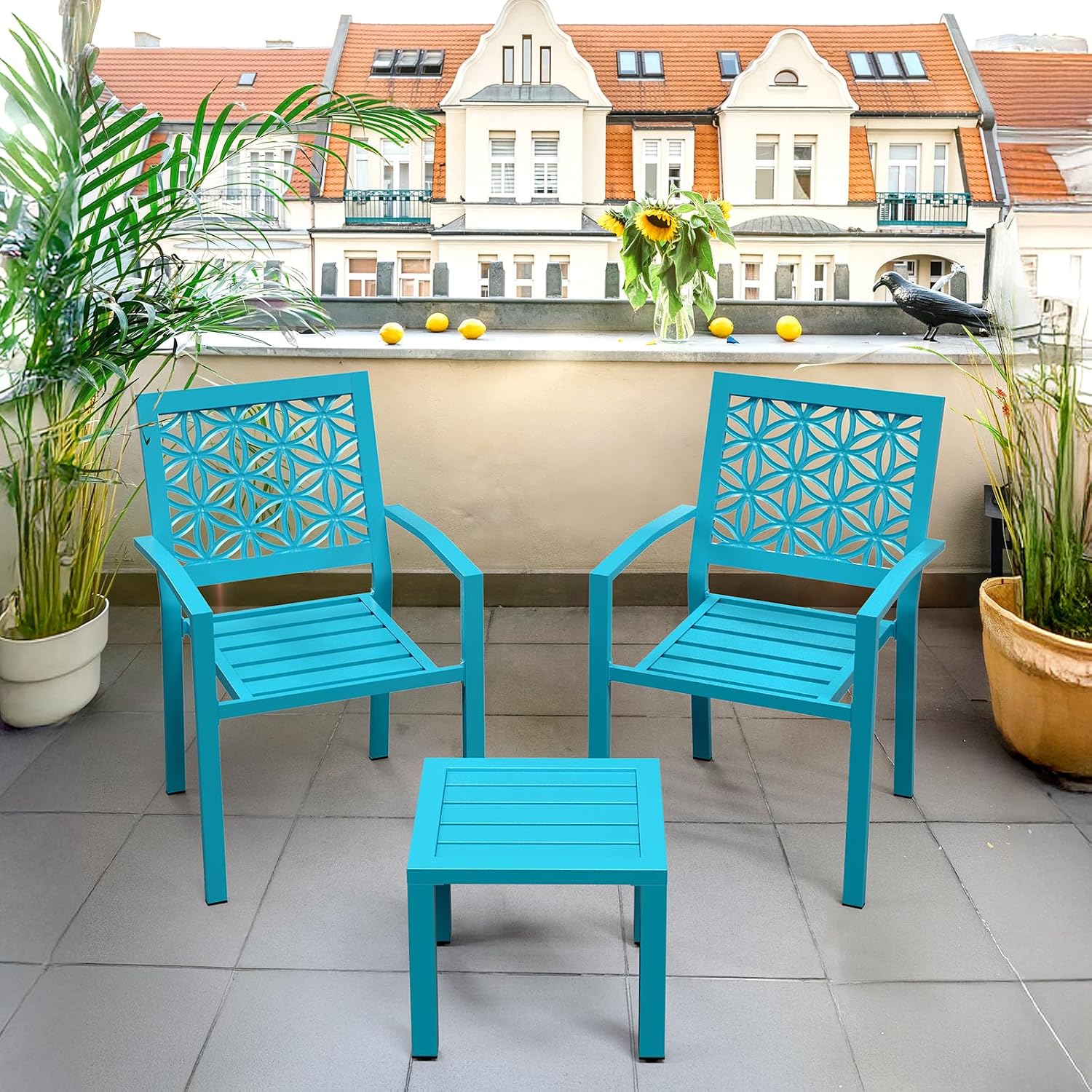 VINGLI 3-Piece Outdoor Bistro Set, Stackable Modern Metal Steel Table and Chairs with Rust-Resistant Coating, Small Patio Furniture Conversation Set for Porch, Deck, Balcony, Garden, Blue