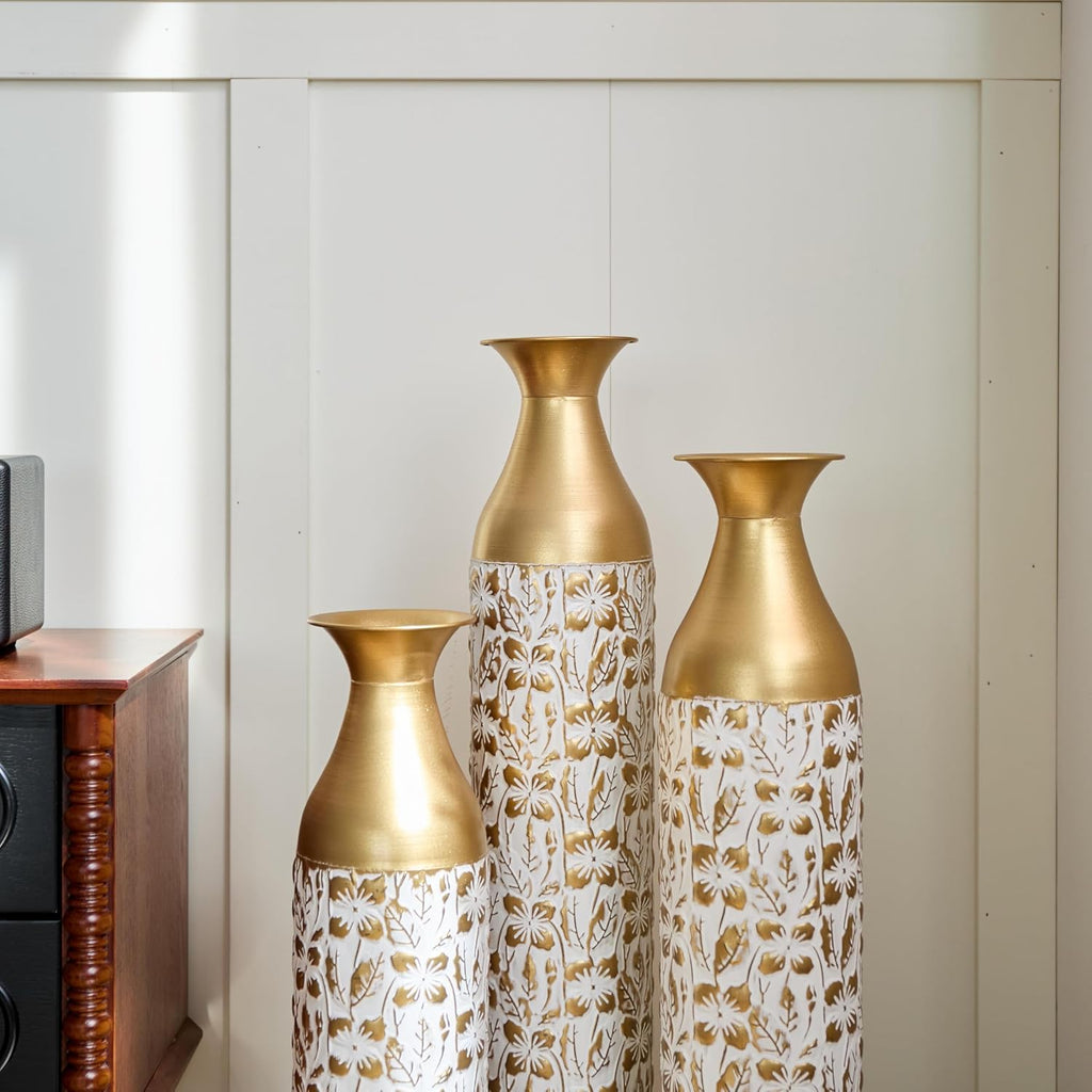 Gilded White 3D Relief Flower Metal Vase Set 24'. 29'. 32. 68 - Floor Vases for Living Room, Entryway & Office Decor, Rustproof Tall Standing Home Décor (Whit and Gold)
