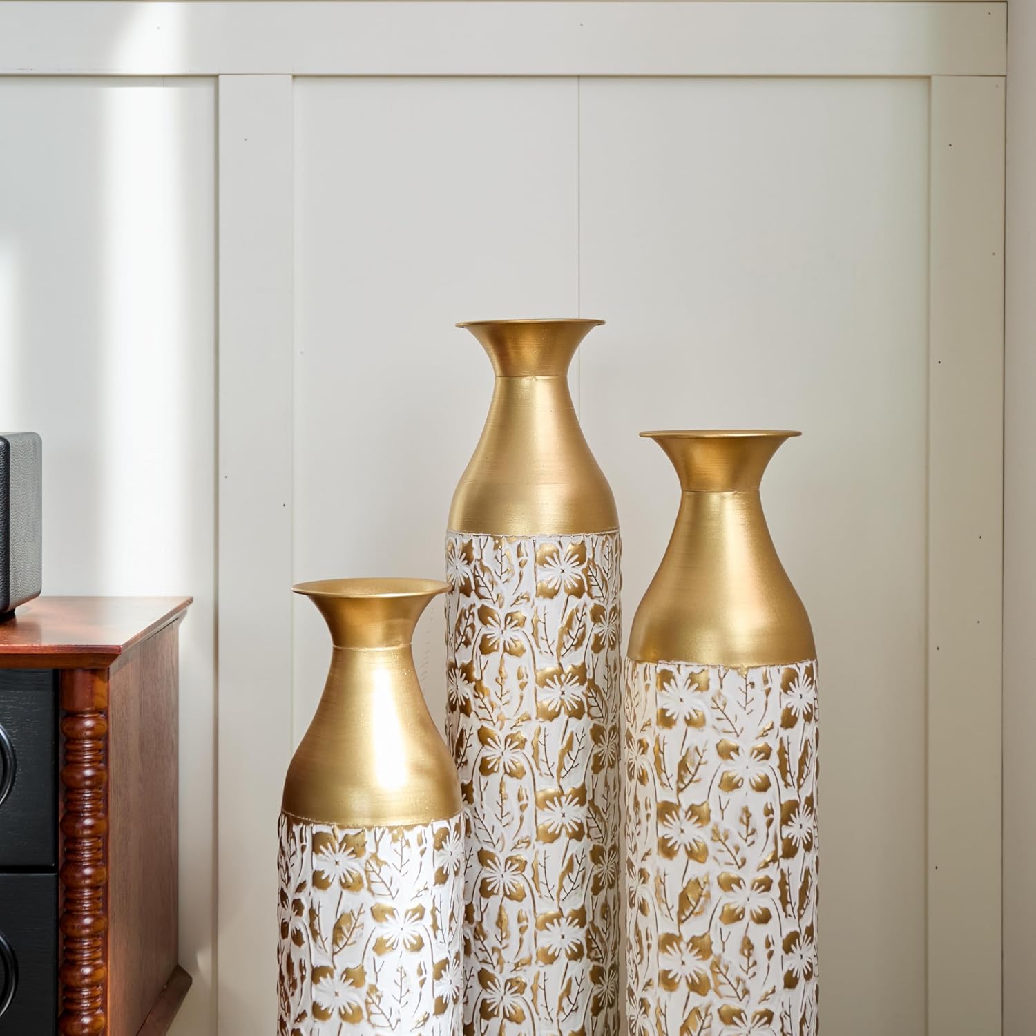 Gilded White 3D Relief Flower Metal Vase Set 24'. 29'. 32. 68 - Floor Vases for Living Room, Entryway & Office Decor, Rustproof Tall Standing Home Décor (Whit and Gold)