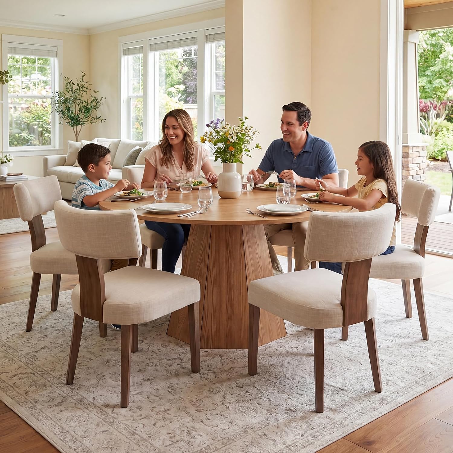 BESTANO 59' Round Dining Table for 4-6 People, Kitchen Dining Room Table with Wooden Pedestal Base, Circle Dinner Pedestal Dining Table for Dining Room (Table Only), Brown