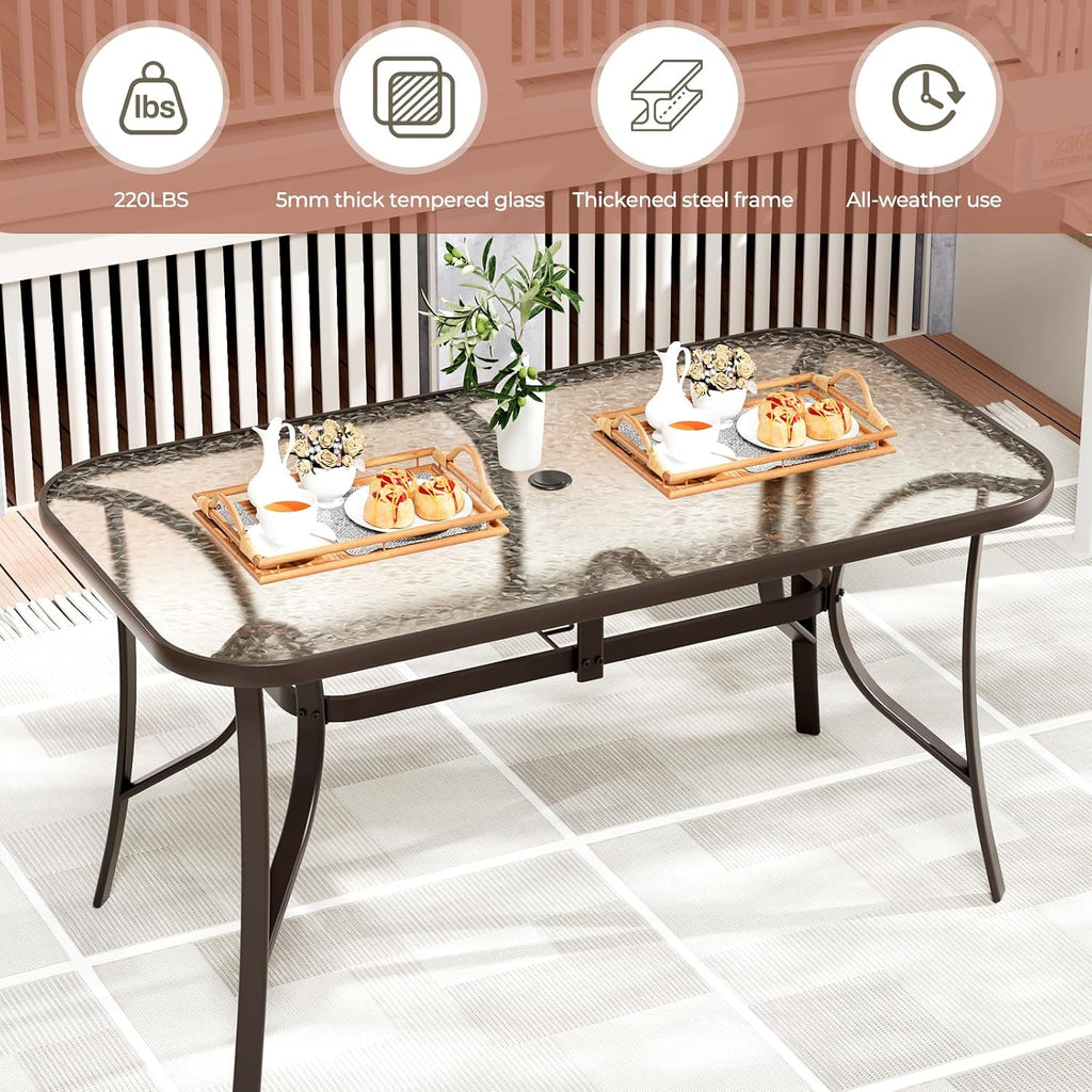TLSUNNY Patio Outdoor Table W/ 1.69″ Umbrella Hole, 30'X 55' Rectangular Tempered Glass Patio Dining Table for 6, Outdoor Metal Furniture, All-Weather Use, for Patio, Graden, Backyard (Brown)