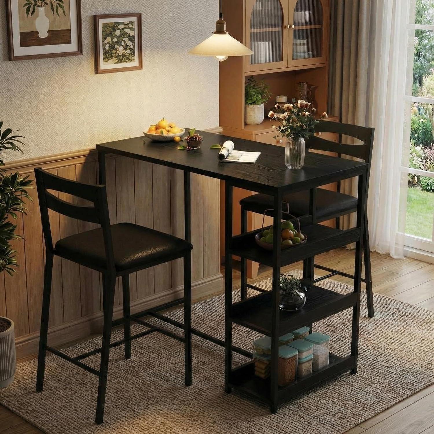 GarveeHome 3-Piece Kitchen Table Set with Storage Shelves & 2 Upholstered Chairs - Iron and Wood Dining Table for Small Spaces, Apartments, Condos, Black