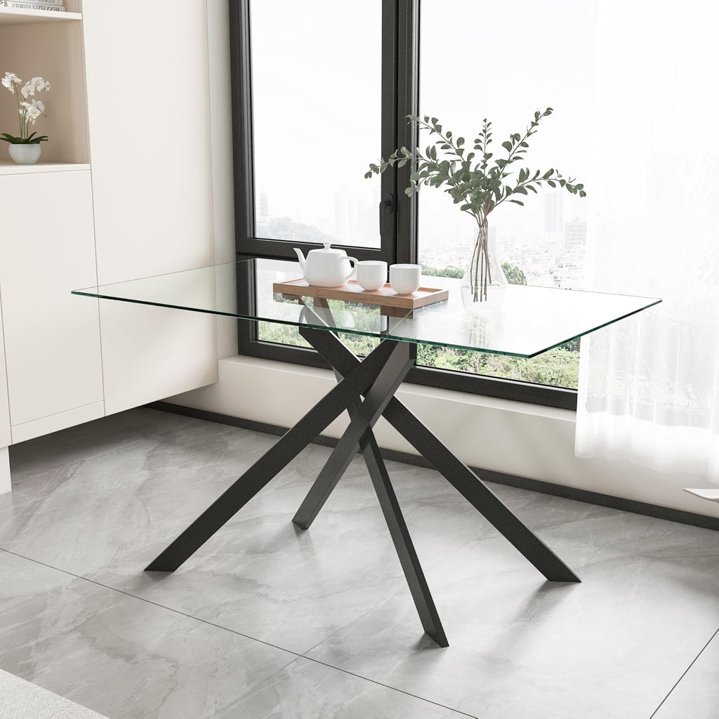 51.2' Glass Dining Table, Modern Kitchen Table for 4-6 People, Contemporary Rectangular Dining Room Dinner Tables with Clear Glass Top & Black Metal X Legs for Kitchen Apartment