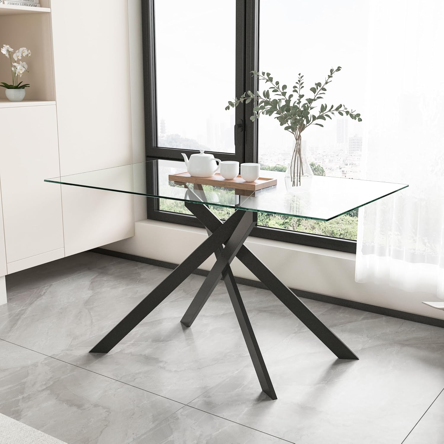 51.2' Glass Dining Table, Modern Kitchen Table for 4-6 People, Contemporary Rectangular Dining Room Dinner Tables with Clear Glass Top & Black Metal X Legs for Kitchen Apartment