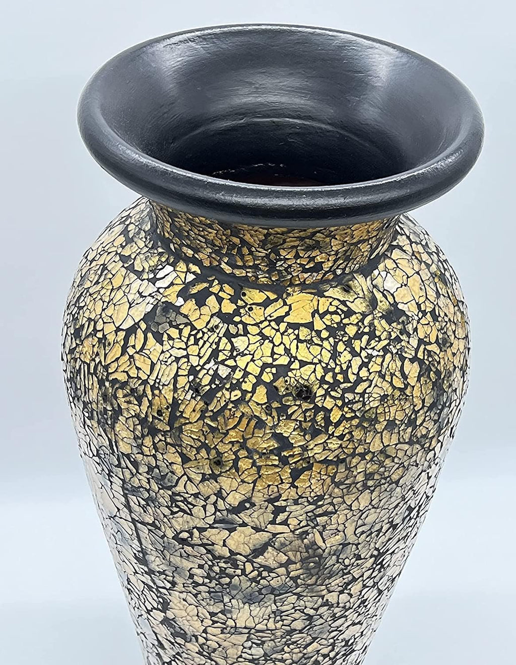 Floor Vase, 18 Inch Mosaic Vase – Tall Cylinder Made of Terracotta with Crackled Gold and Black Glass Mosaic Pieces – Handcrafted Decorative Home Décor Accent Piece for Bedroom, Living Room