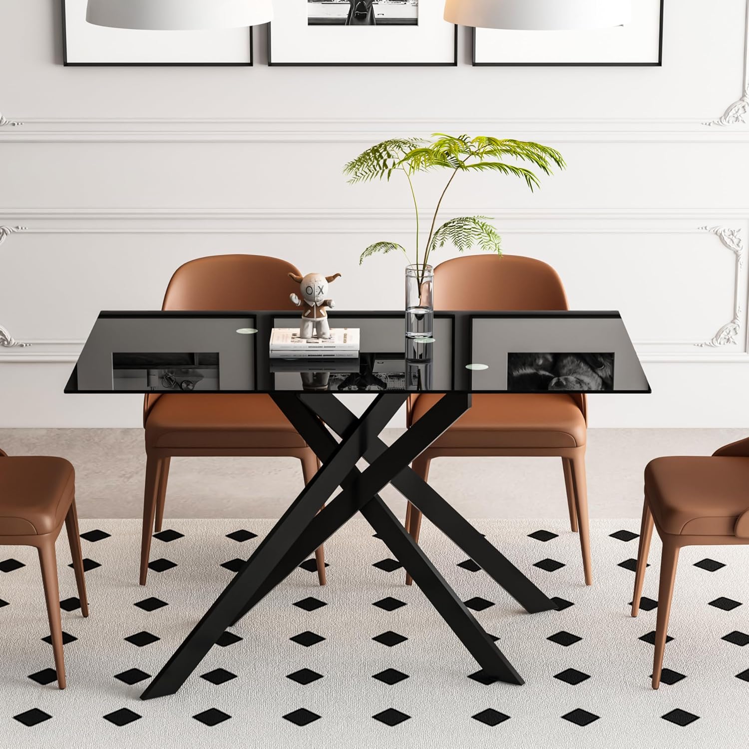 51.18' Rectangular Glass Dining Table, Tempered Glass Kitchen Tabe with Metal Legs, Stylish and Sturdy Dinner Table for Home and Outdoor Dining (Full Black, 51.18'')