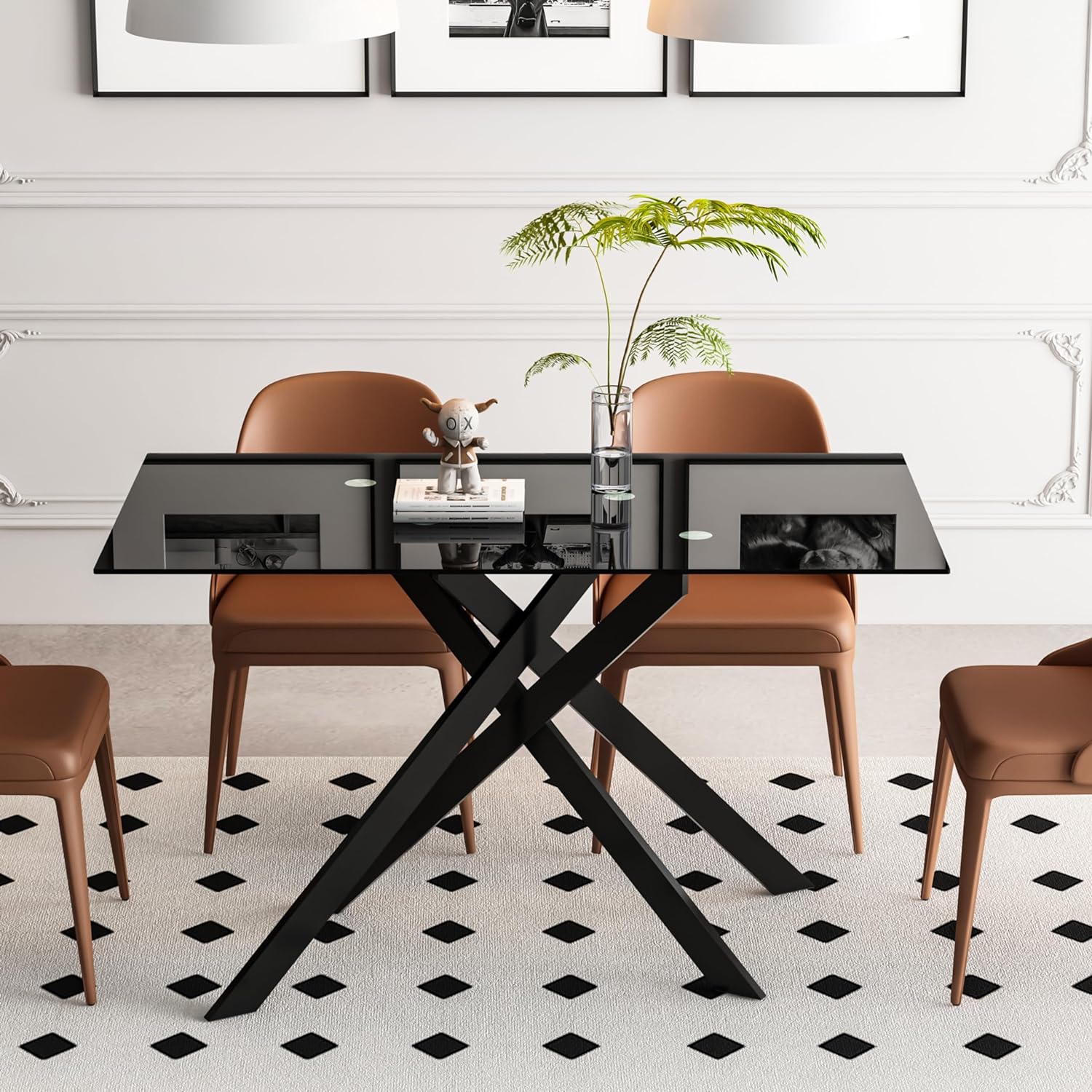 51.2' Black Glass Dining Table, Modern Kitchen Table for 4-6 People, Contemporary Rectangular Dining Room Dinner Tables with Black Glass Top & Black Metal X Legs for Kitchen Apartment