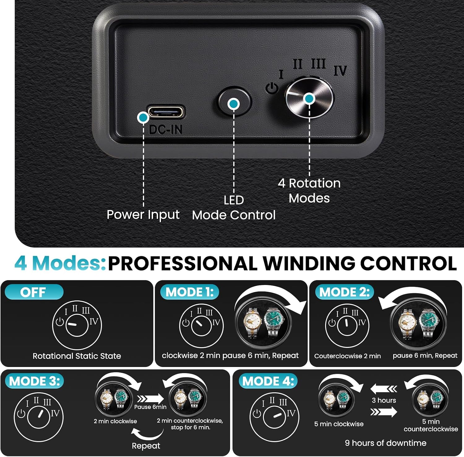 J&T Technology Watch Winder for 4 Automatic Watches, Watch Winder Box with Watch Holders and Jewelry Storage, Quiet Japan-Made Motor,LED Light,Gift for Men & Women