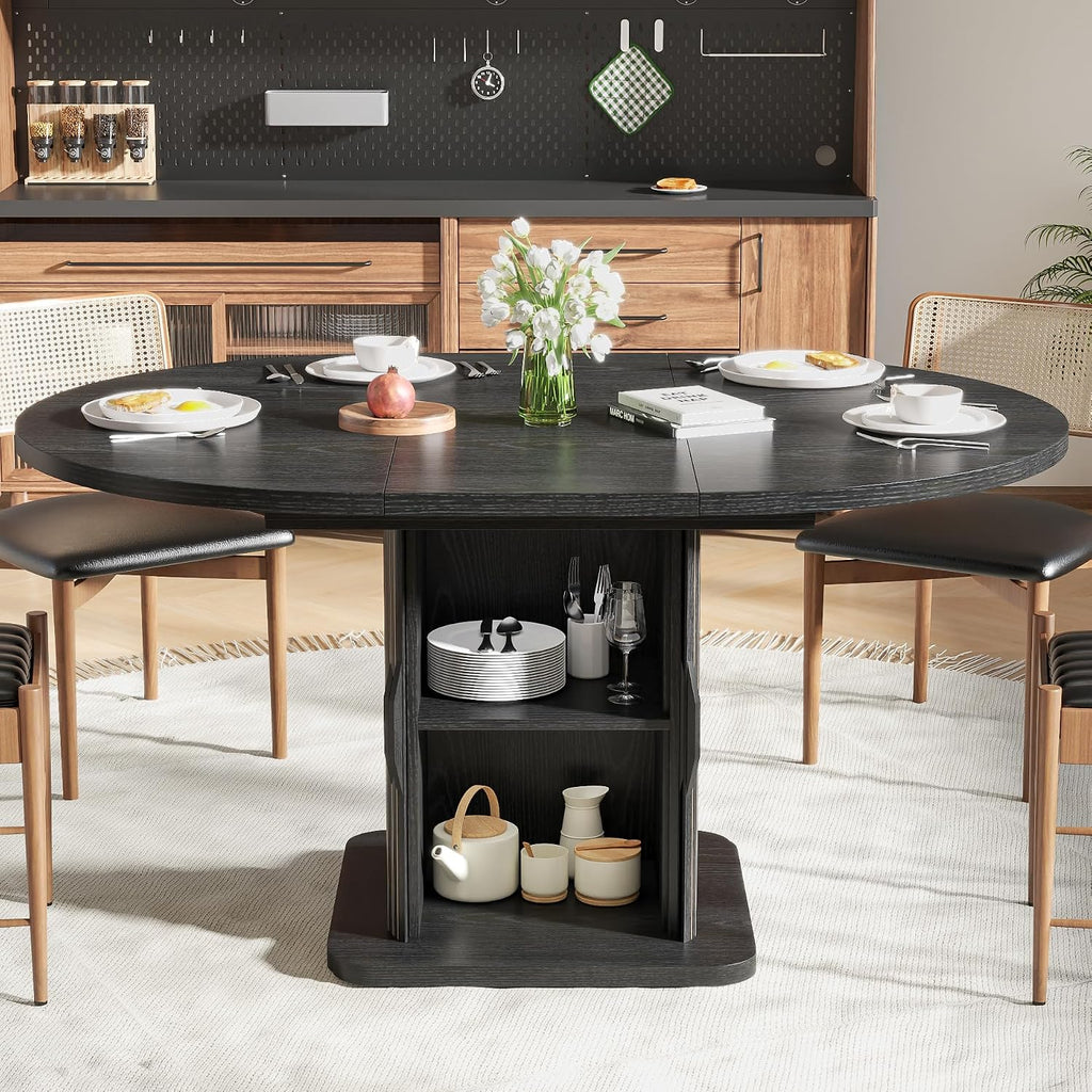 Extendable Black Round Dining Table for 4-6-8, 59 Inch Kitchen Dining Room Table with Storage, Modern Oval Circle Dinner Furniture, Fluted Wood Slide Door, for Home, Living Room, Farmhouse, Black