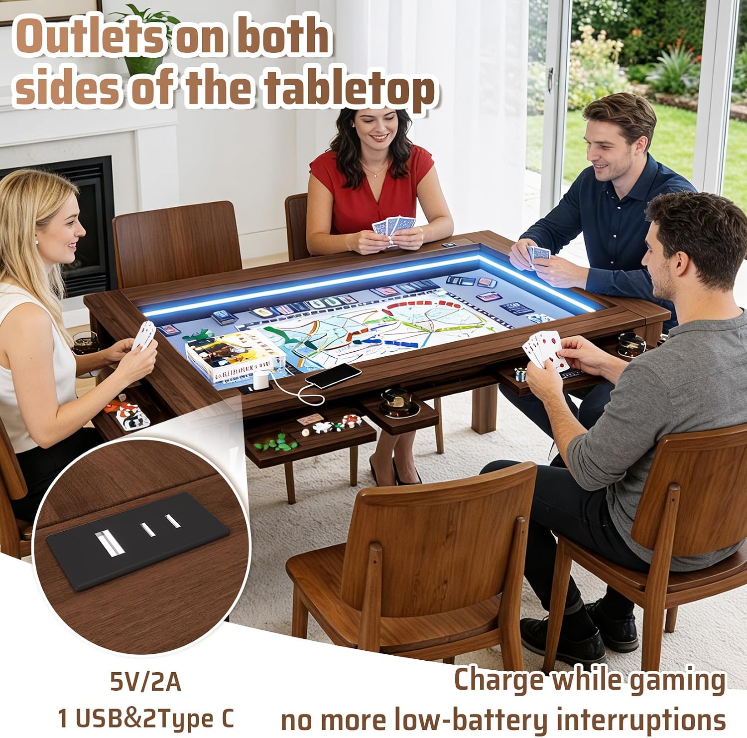 Haddockway Board Game Table with Adjustable Led Lights, 53.7in x 30.7in Play Area Removable Table Top Dining/Gaming Table with Charge Station, Play Mat, 6 Cup Holders & Trays (Black Walnut)