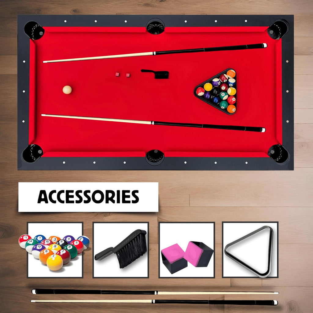 Freetime Fun 6 FT Pool Table, No Assembly, Portable, Includes Billiard Tables Accessories- 2 Pool Cues, Set of Balls, Triangle, Pool Table Brush, Chalk
