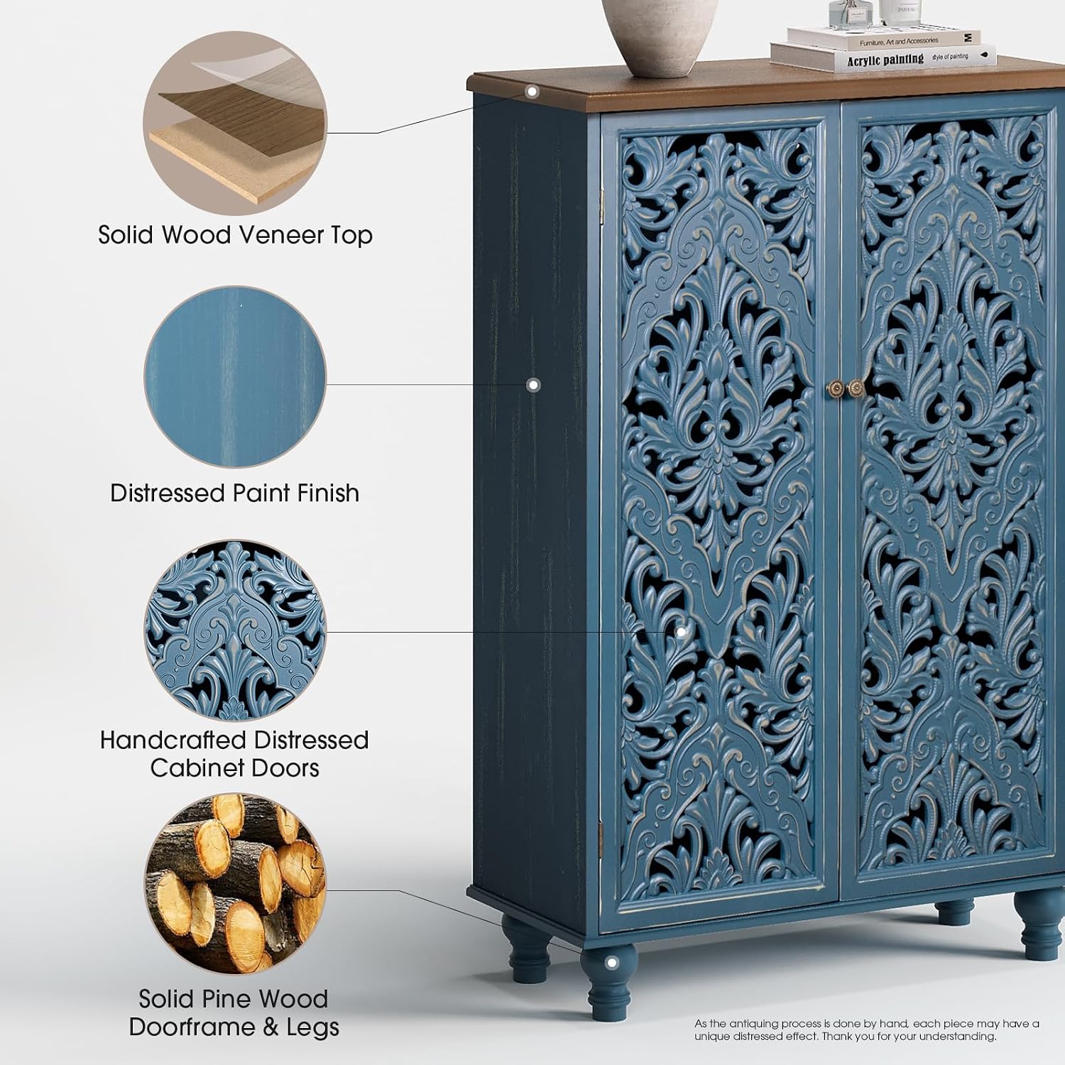 JOINICE 47' Tall Accent Cabinet with Doors and Shelves, Storage Cabinet with Solid Wood Legs for Living Room,Entryway,Dining Room,Bedroom(Blue & Walnut)