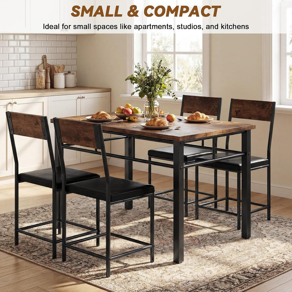 Dining Table Set for 4, Wood Industrial Style Kitchen Table with Upholstered Chairs, Kitchen Table and Chairs Set, Space-Saving Dining Room Set for Breakfast Nook and Small Spaces, Rustic Brown