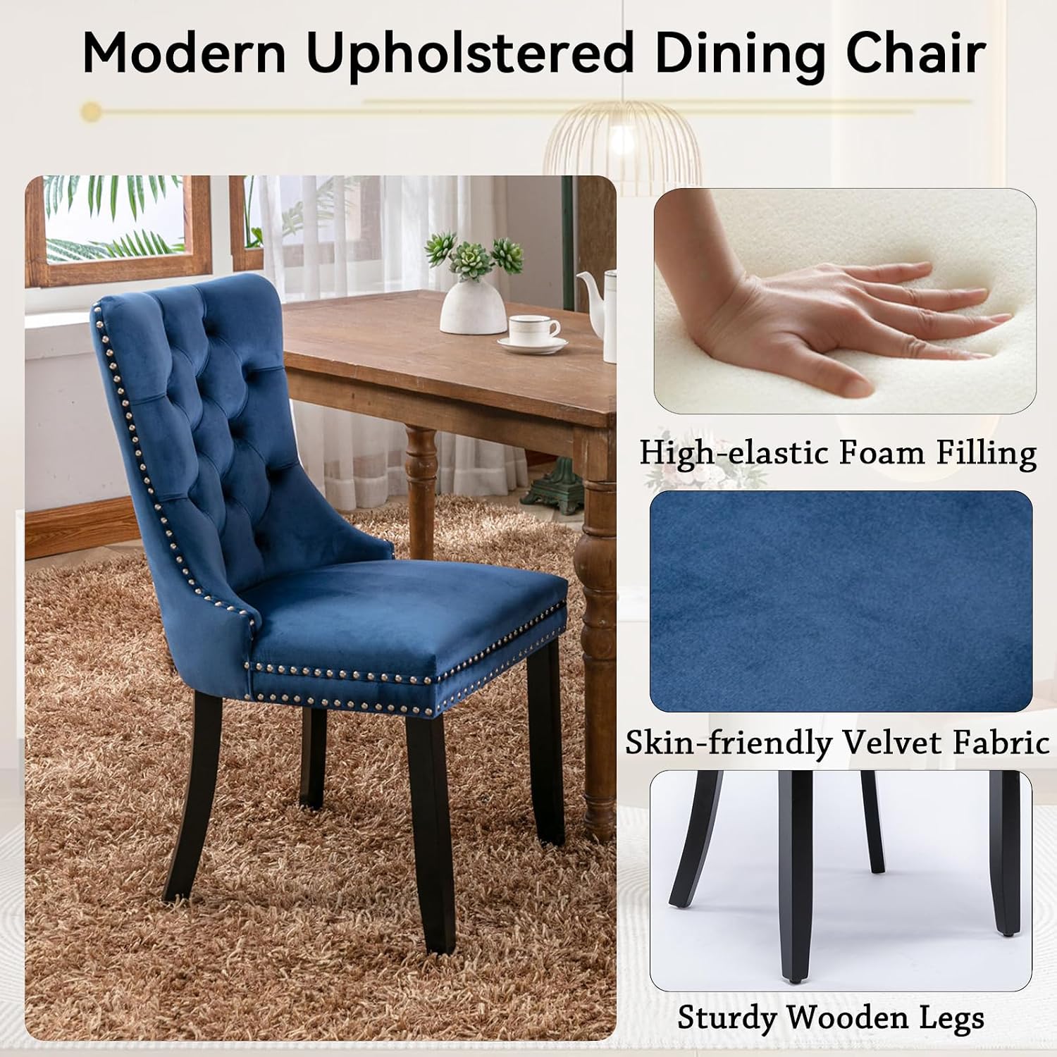 Henf 7 Pieces Extendable Dining Table Set for 6, 63'-79' Faux Mars Kitchen Table Set with 6 Blue Chairs, Faux Marble Expandable Dining Room Tables Set for 6,Modern Dinner Tables Set for 6