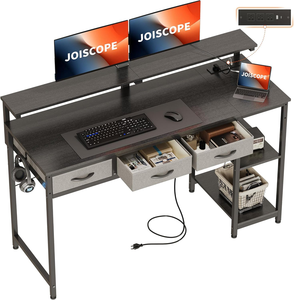 JOISCOPE Home Office Desk with Power Outlets (3AC, USB, Type-C), 55 × 20 Inch Computer Desk with 3 Drawers & Shelves, Laptop Table with Display Riser, Gaming Study Drafting Table for Bedroom, Black