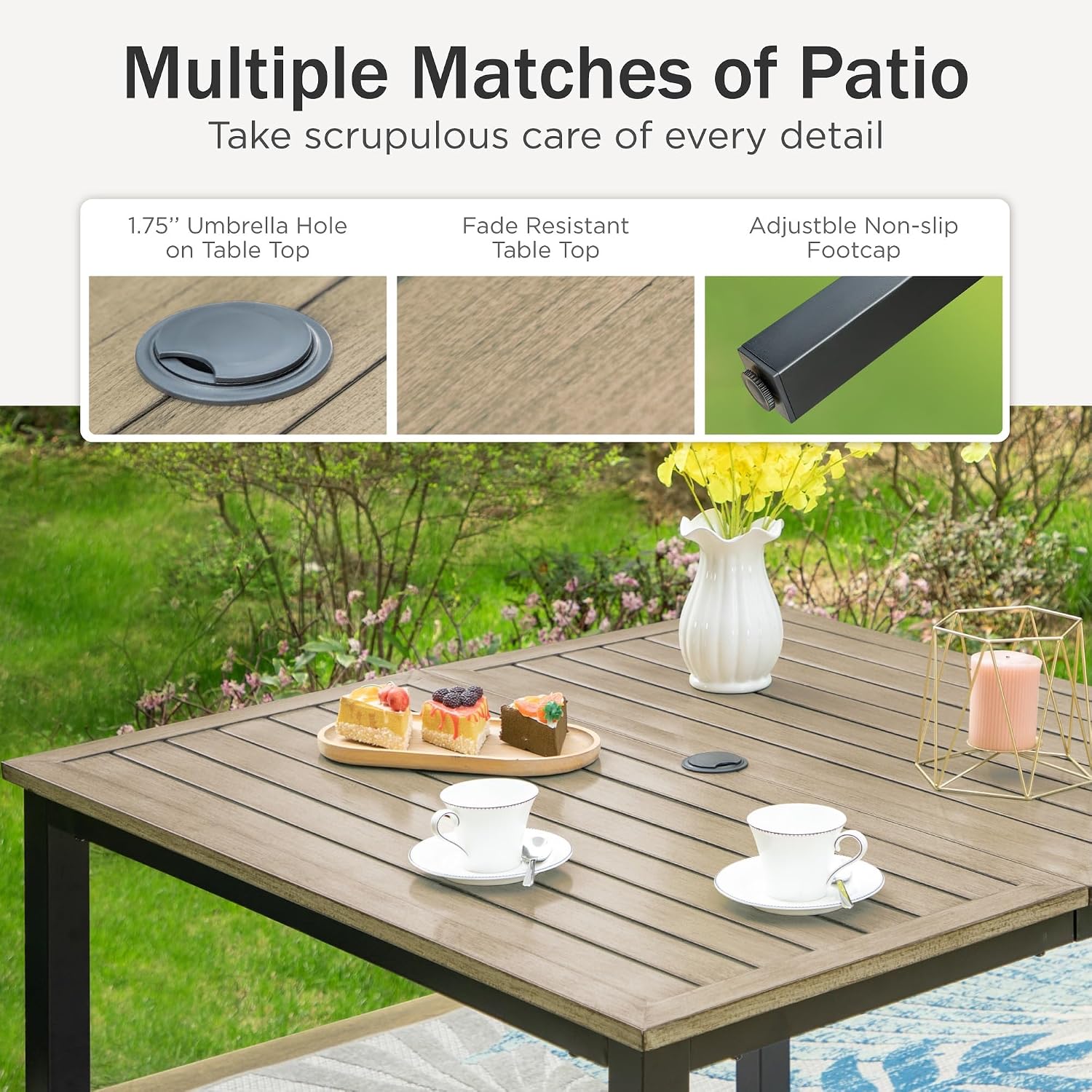 PHI VILLA Outdoor Patio Table, Square Metal Steel Slat Table with 1.57'- 1.9' Adjustable Umbrella Hole, Weather-Resistant Outdoor Dining Table for Garden Deck, 42' x 42' x 28.7', Brown
