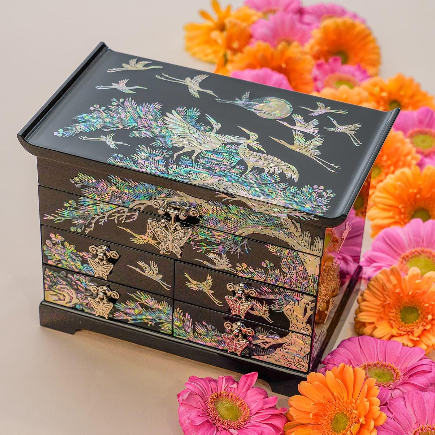 February Mountain Mother of Pearl Wooden Jewelry Organizer Box – Jewelry Storage Box for Women, Features Spacious Drawers, Ideal for Rings, Bracelets, Watches, Chains, Accessories (Crane_Black)