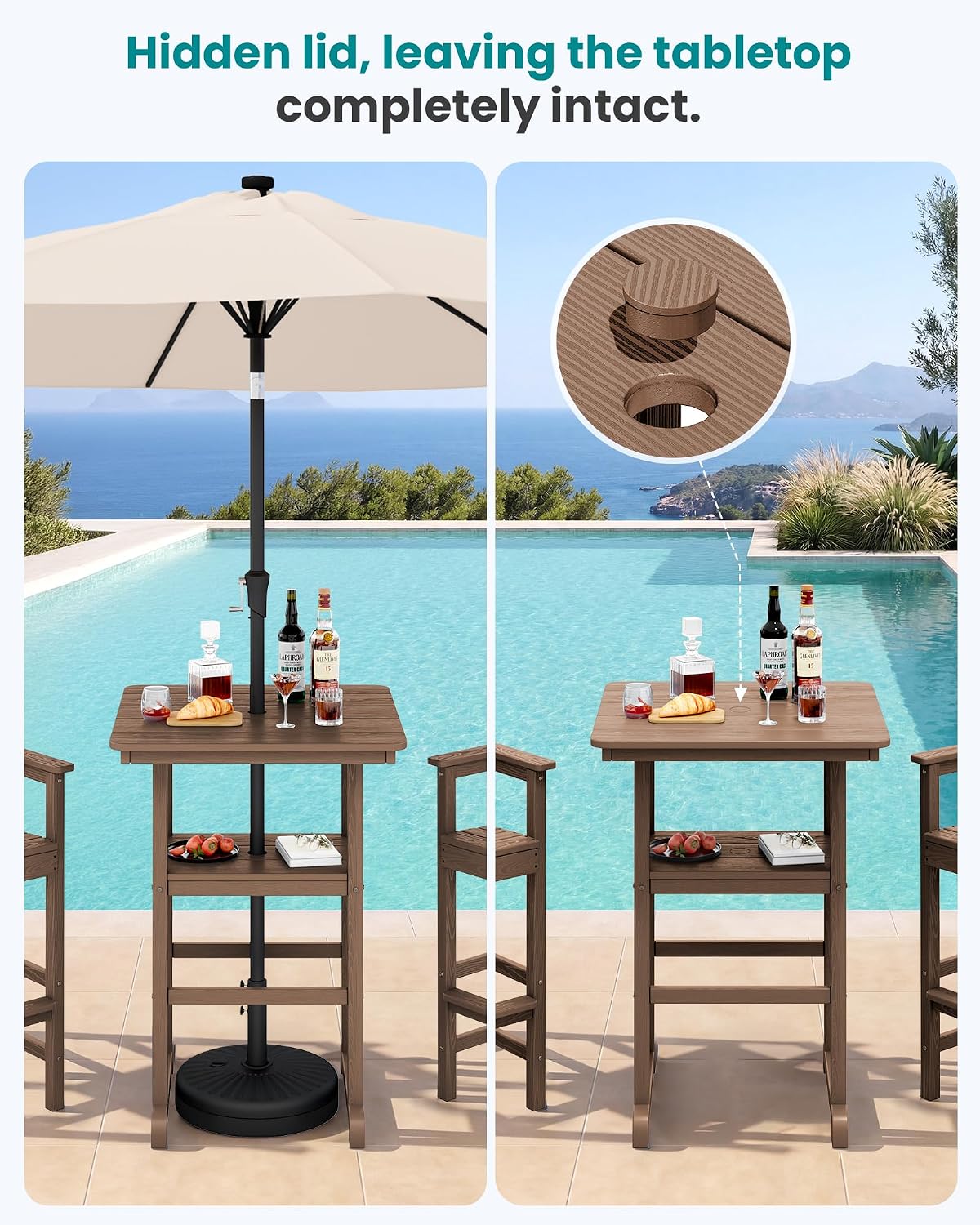 SERWALL Balcony Adirondack Chairs and Table 3 Pieces Set, Oversize Adirondack Bar Height Chairs Set of 2 and Bar Table, Outdoor Bar Stools Set, Brown