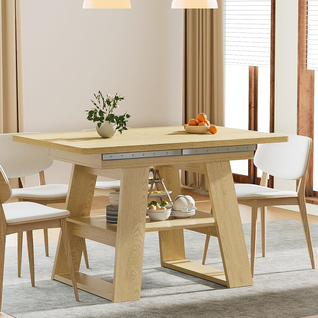 Lxsxlome 47.24''-66.92'' Extendable Dining Room Table for 4-6, Rectangle Extendable Kitchen Table with Removable Leaves, Space Saving, Wooden Dining Table with Storage Shelf (Style 2, Wood Color)