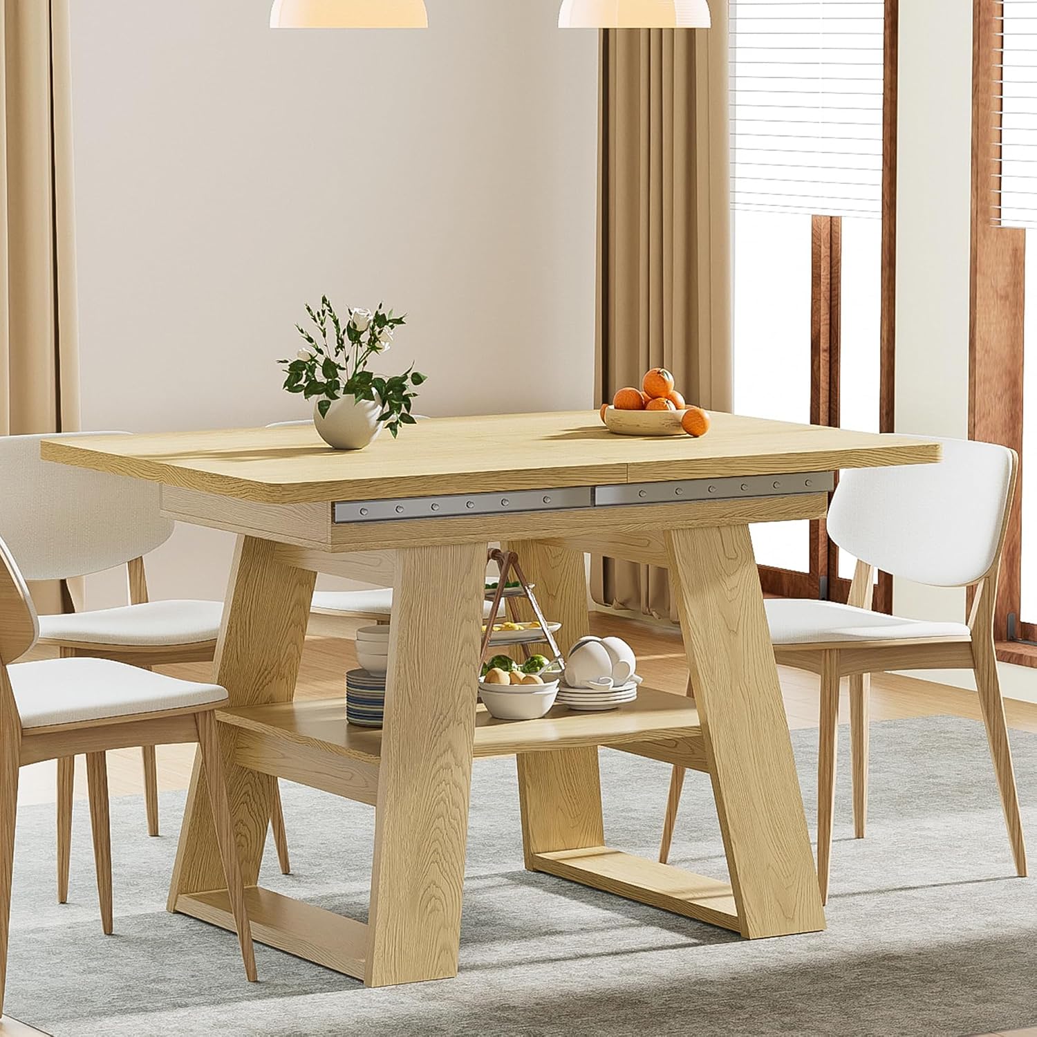 Lxsxlome 47.24''-66.92'' Extendable Dining Room Table for 4-6, Rectangle Extendable Kitchen Table with Removable Leaves, Space Saving, Wooden Dining Table with Storage Shelf (Style 2, Wood Color)