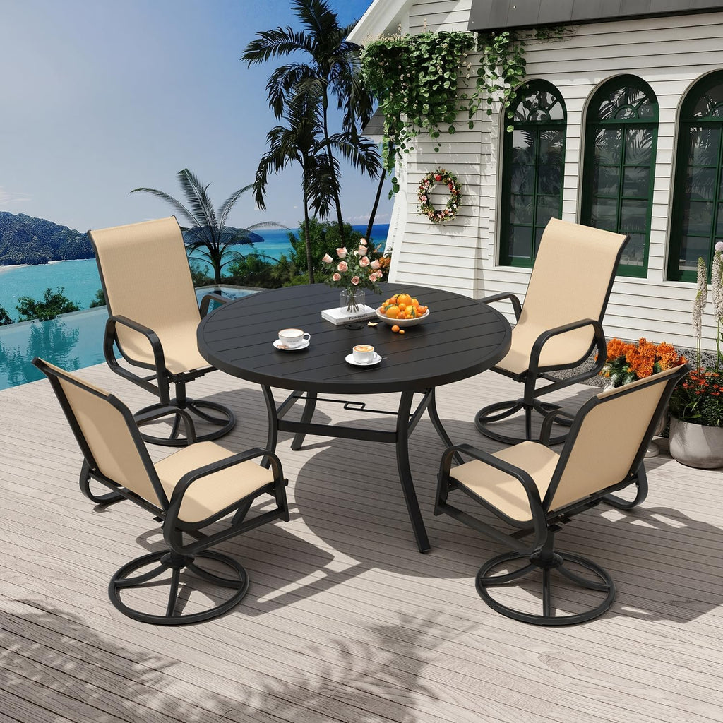 MELLCOM 5 Pieces Outdoor Dining Set, 4 Swivel Rocker Chairs with High Back Textilene & 42'' Round Metal Dining Table with Umbrella Hole, Patio Furniture Set for Deck, Beige