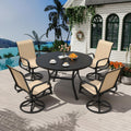 MELLCOM 5 Pieces Outdoor Dining Set, 4 Swivel Rocker Chairs with High Back Textilene & 42'' Round Metal Dining Table with Umbrella Hole, Patio Furniture Set for Deck, Beige