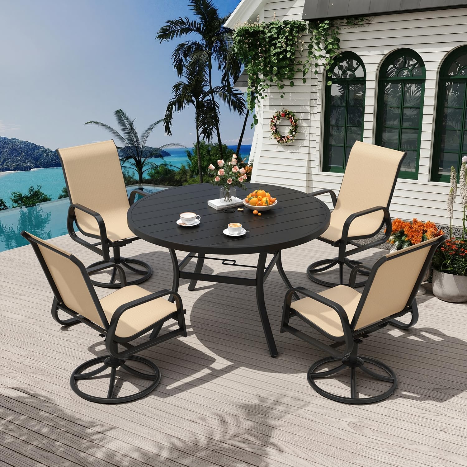 MELLCOM 5 Pieces Outdoor Dining Set, 4 Swivel Rocker Chairs with High Back Textilene & 42'' Round Metal Dining Table with Umbrella Hole, Patio Furniture Set for Deck, Beige