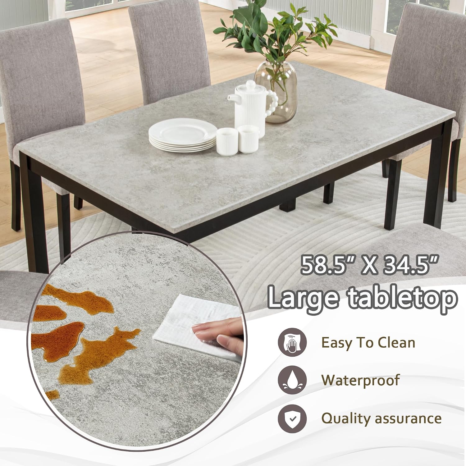 KEIKI 6-Piece Standard Height Dining Table Set with Rectangular Table, 4 Upholstered Curved Backrset Chair, Bench, for 6 Person, Modern Table Set, Easy Assembly, for Kitchen, Dining Room, Black+Gray