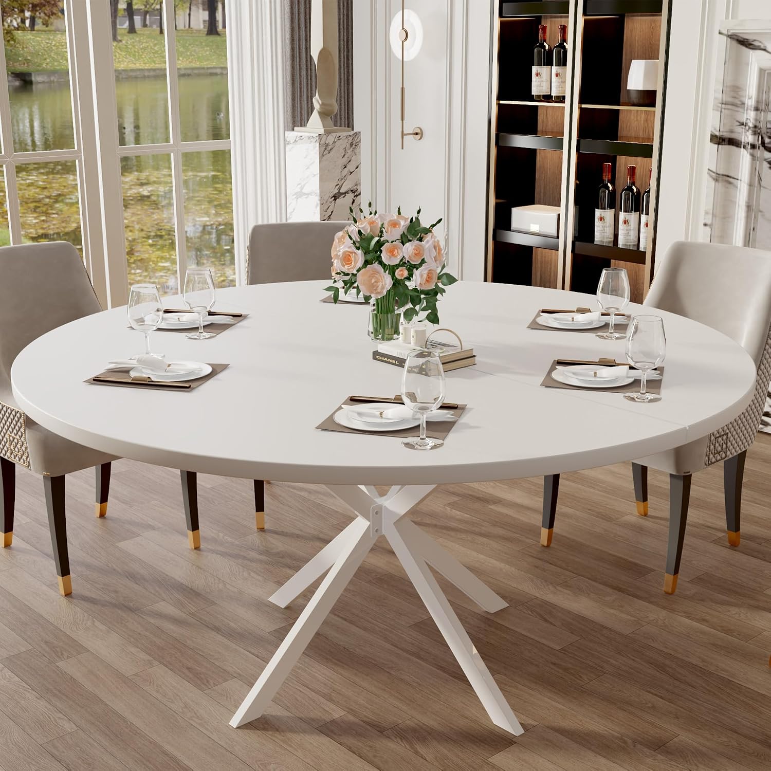 47.24' Round Dining Table for 4-6 Person, Round Kitchen Table with Wood Top, Circle Dinner Pedestal Tables with Metal Legs for Dining Room Kitchen (White)
