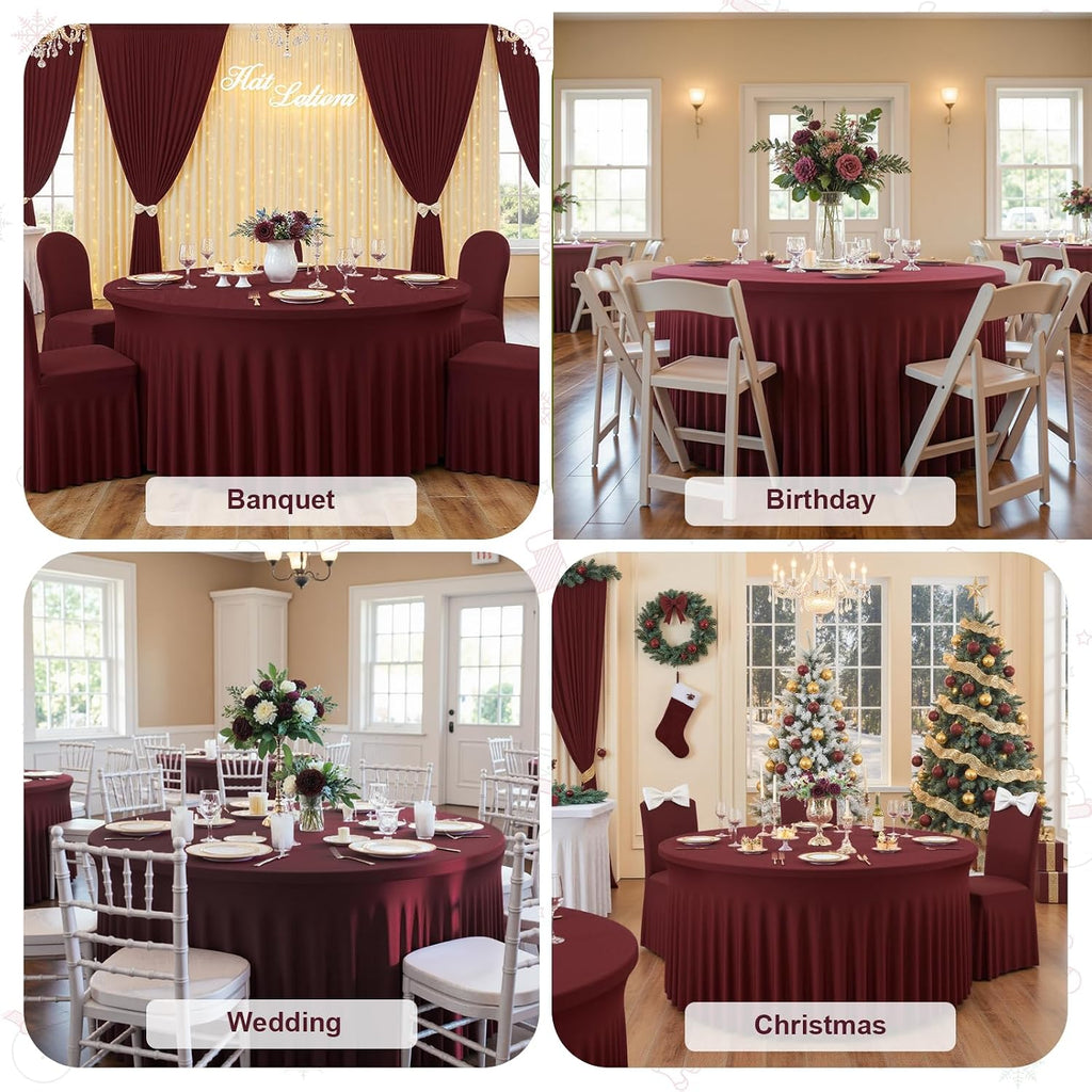 12 Pack Burgundy Round Tablecloth with Skirt, 60 Inch Elastic Fitted Table Cover for 5FT Tables, Wrinkle-Resistant & Washable Snug Fit for Christmas, Thanksgiving, Holiday Dinners & Parties
