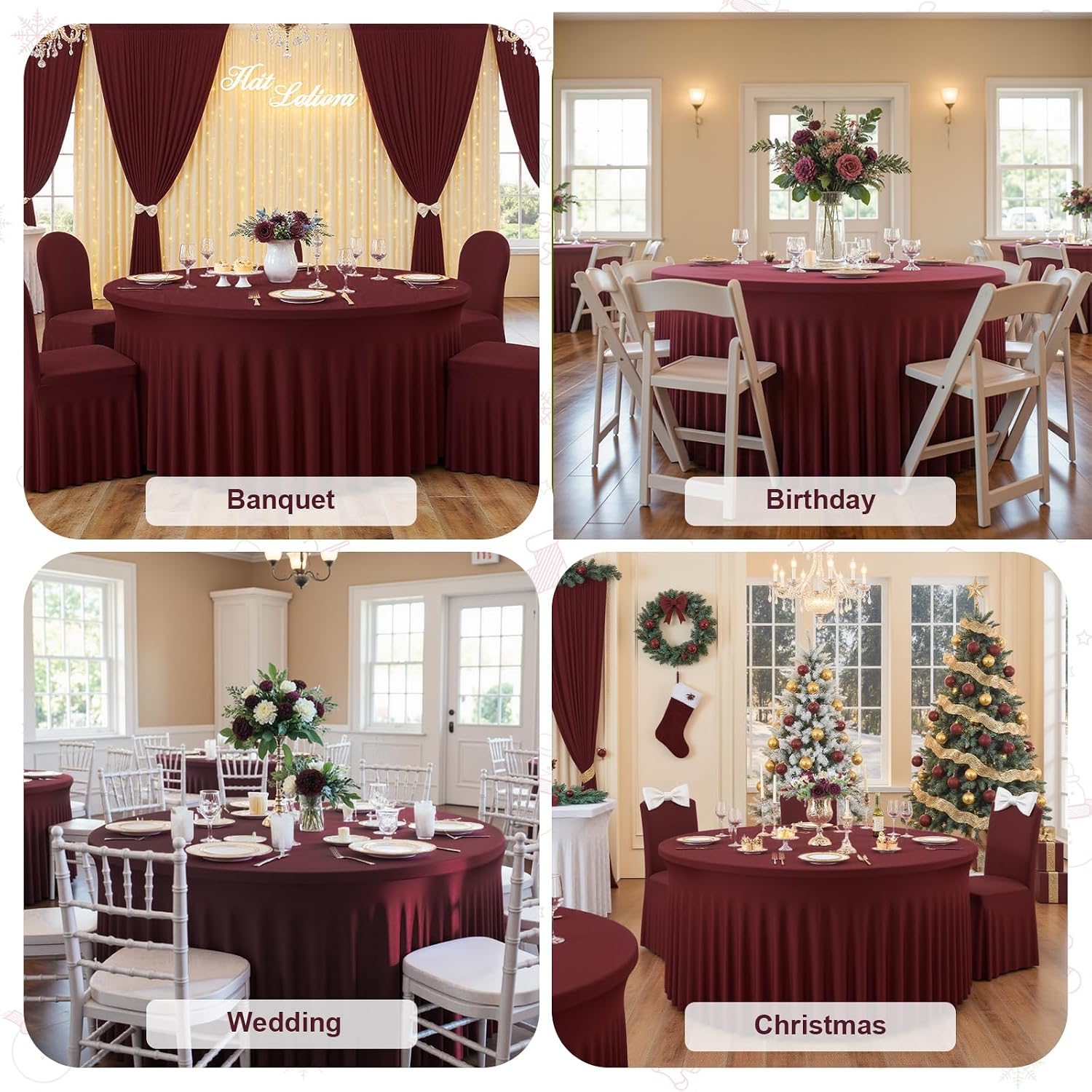 12 Pack Burgundy Round Tablecloth with Skirt, 60 Inch Elastic Fitted Table Cover for 5FT Tables, Wrinkle-Resistant & Washable Snug Fit for Christmas, Thanksgiving, Holiday Dinners & Parties