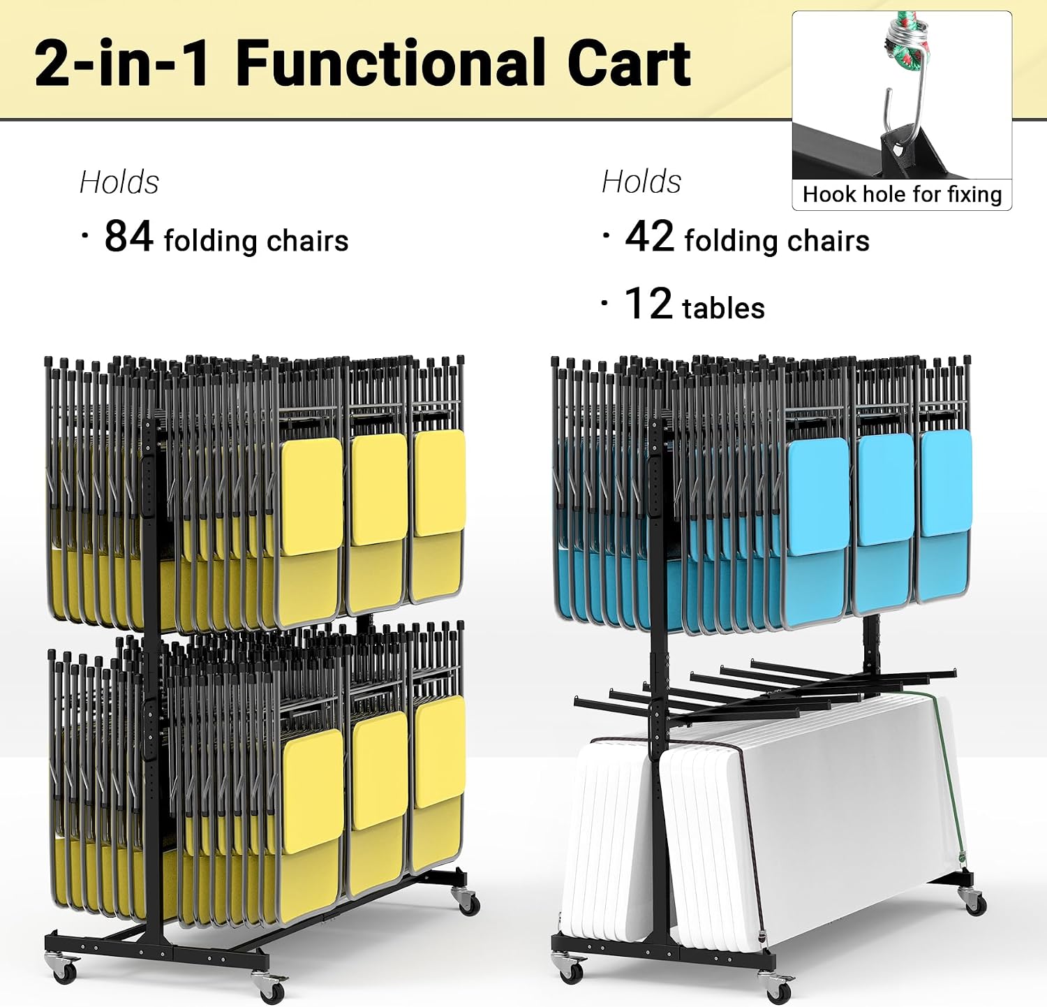 Updated Folding Chair Rack, Heavy-Duty Folding Chair Cart w/ 4 Swivel Wheels, Holds 12 Tables or 84 Chairs, Up to 1000 LBS Capacity, 2 Binding Ropes, 1 Dust Cover, 72'L x 33'W x 74'H, Black