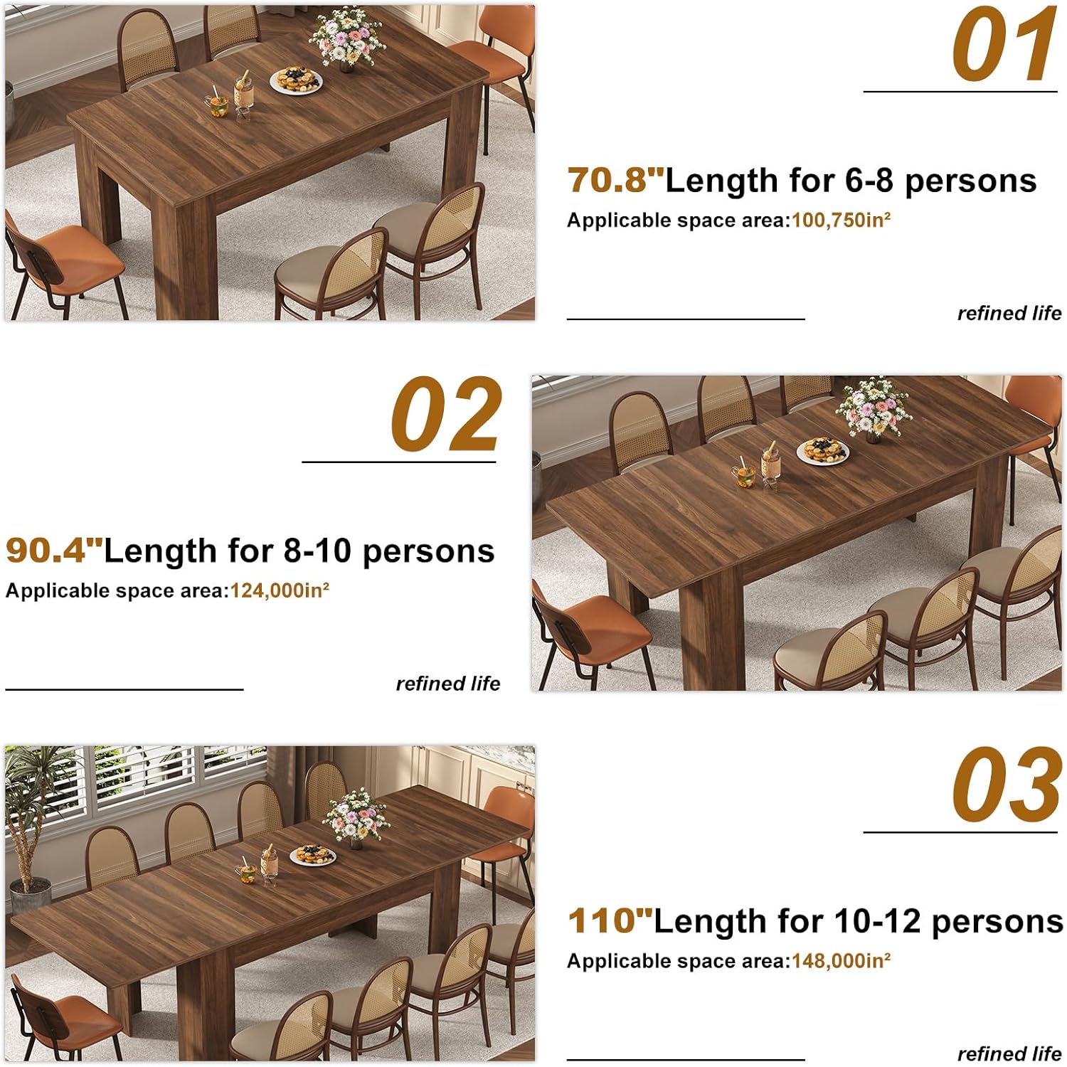 jiteentarou 70' to 110' Extendable Dining Table for 8 10 12 People, Rectangular Indoor Wooden Expandable Dinner Tables, Farmhouse Large Kitchen Dining Table for Home,Walnut