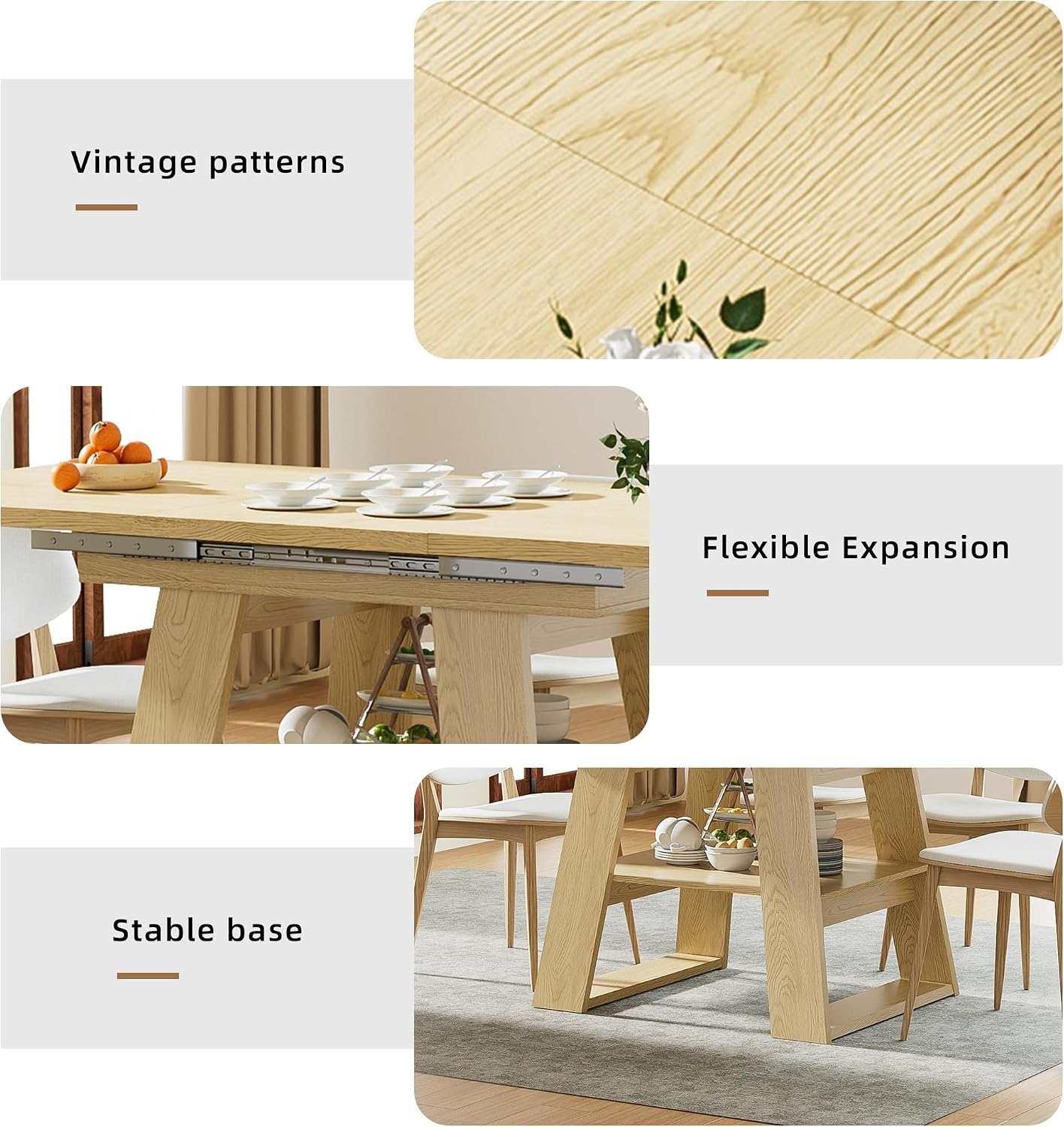 Lxsxlome 47.24''-66.92'' Extendable Dining Room Table for 4-6, Rectangle Extendable Kitchen Table with Removable Leaves, Space Saving, Wooden Dining Table with Storage Shelf (Style 2, Wood Color)