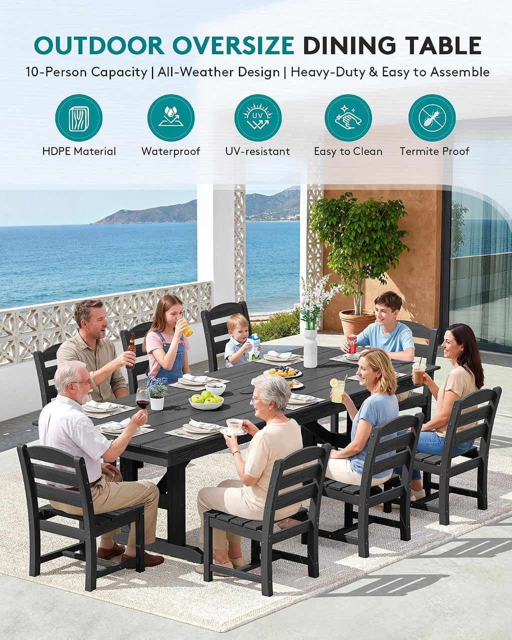 SERWALL 9 Piece Outdoor Dining Set, 84' HDPE Outdoor Table and Armless Chairs Set for 8，All Weather Patio Furniture Set with Umbrella Hole for Backyard, Garden, Black