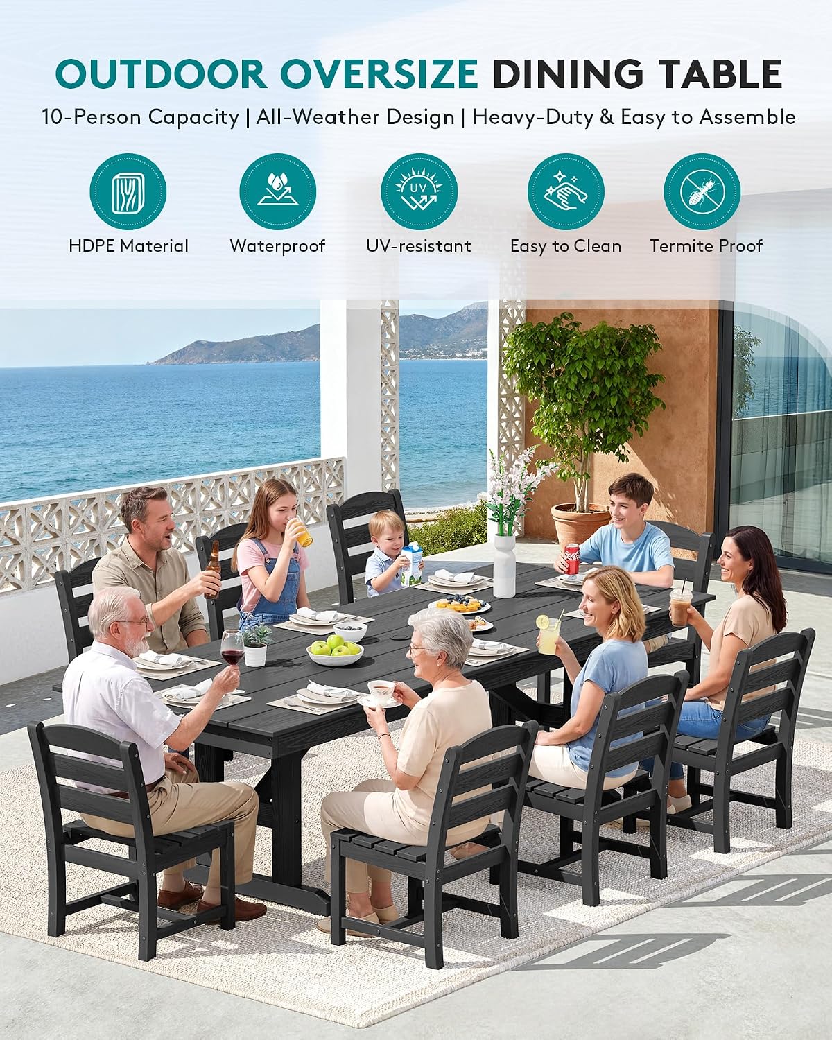 SERWALL 9 Piece Outdoor Dining Set, 84' HDPE Outdoor Table and Armless Chairs Set for 8，All Weather Patio Furniture Set with Umbrella Hole for Backyard, Garden, Black
