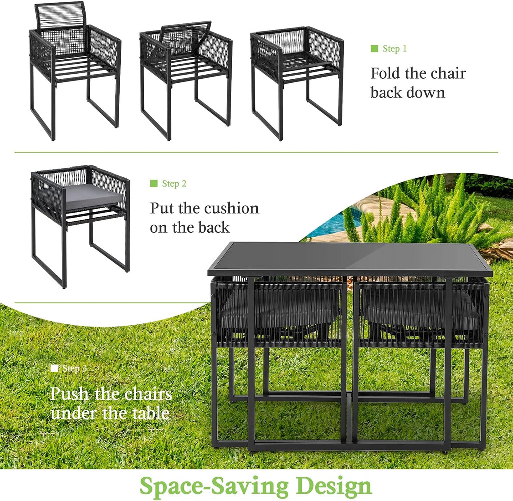 Tangkula 3 Pieces Outdoor Dining Set, Patio PE Rattan Furniture Set with Folding Backrest, Cozy Seat Cushions, Tempered Glass Tabletop, Space-Saving Rattan Chair Table Set for Backyard, Poolside