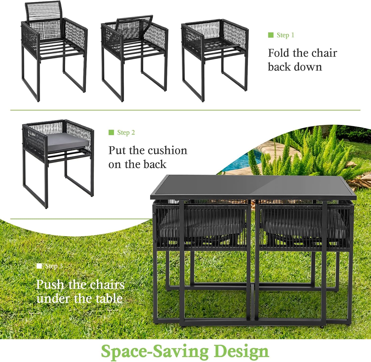 Tangkula 3 Pieces Outdoor Dining Set, Patio PE Rattan Furniture Set with Folding Backrest, Cozy Seat Cushions, Tempered Glass Tabletop, Space-Saving Rattan Chair Table Set for Backyard, Poolside