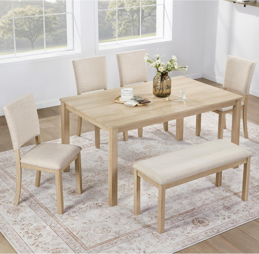 KEIKI 6-Piece Standard Height Dining Table Set with Rectangular Table, 4 Upholstered Chair, Bench, for 6 Person, Modern Style Wooden Table Set, Easy Assembly, for Kitchen, Dining Room, Light Oak