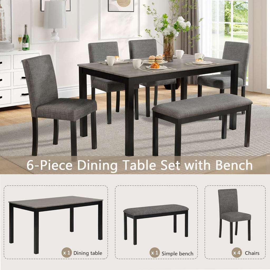 LUMISOL 6 Piece Dining Table Set with Bench and Chairs, Wood Kitchen Table Set for Kitchen, Dining Room, Living Room, Light Grey+Black