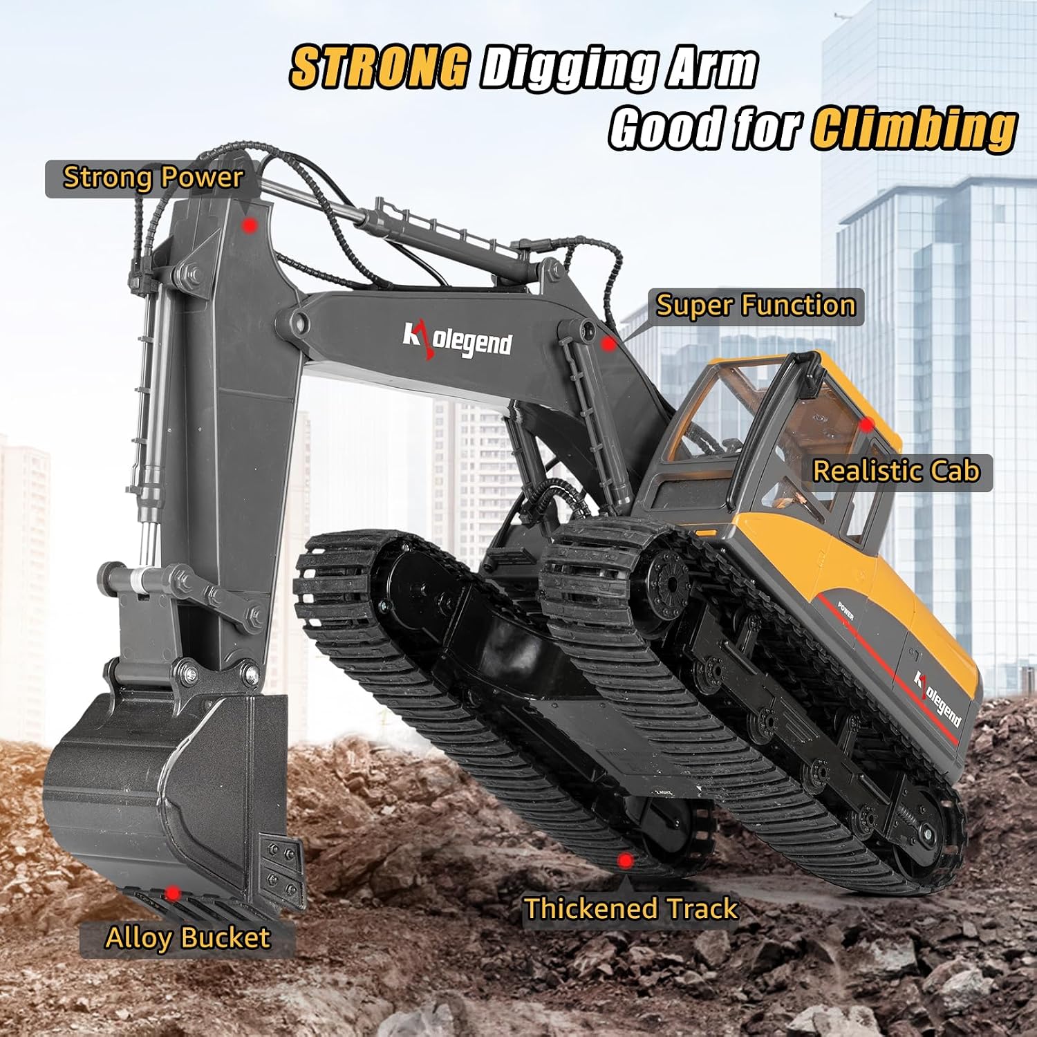 kolegend 3 in 1 Remote Control Excavator Toy 1/14 Scale RC Excavator, 15 Channel Upgrade Full Functional Construction Vehicles with Tools Metal Breaker and Electric Gripper(Yellow/Black)