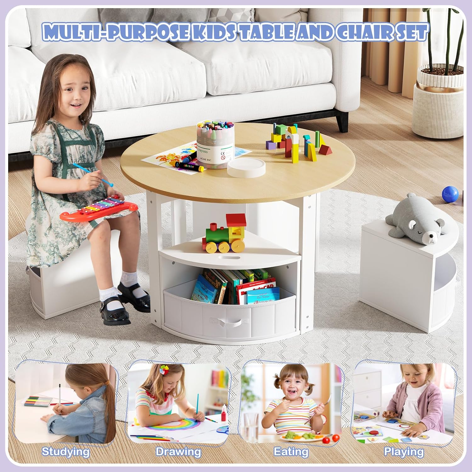 HONEY JOY Kids Table and Chair Set, Children Activity Play Table with 4 Storage Stools for Art Craft, Nesting Design Toddler Table and Chair Set for Playroom, Daycare, Gift for Boys Girls (Natural)