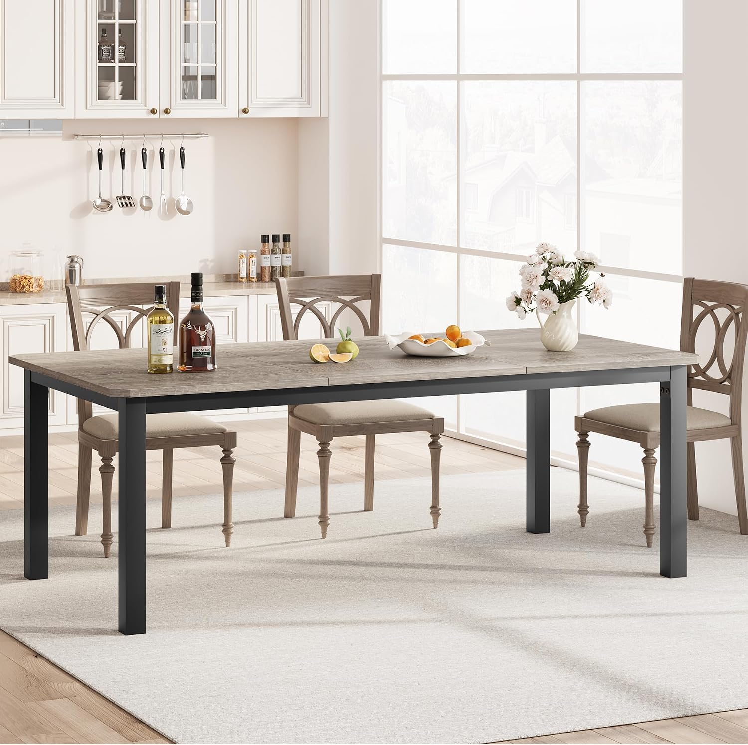 IDEALHOUSE 78.7' Long Rectangle Dining Table for 6-8 People, Industrial Wood Dinner Table (Only Table) (Light Grey)