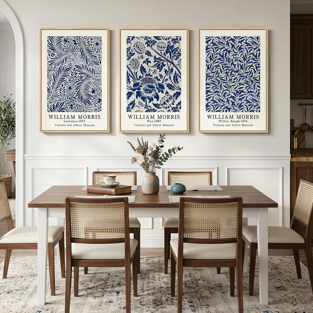 Large Framed Blue William Morris Wall Art Set of 3, Vintage Botanical Floral Canvas Wall Decor Painting, Retro Farmhouse Artwork Prints for Living Room, Bedroom, Hallway, Office, 24x36 Inch