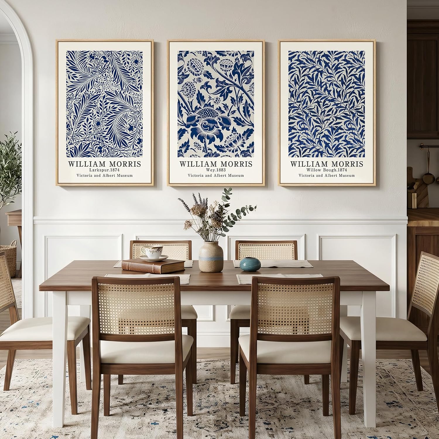 Large Framed Blue William Morris Wall Art Set of 3, Vintage Botanical Floral Canvas Wall Decor Painting, Retro Farmhouse Artwork Prints for Living Room, Bedroom, Hallway, Office, 24x36 Inch