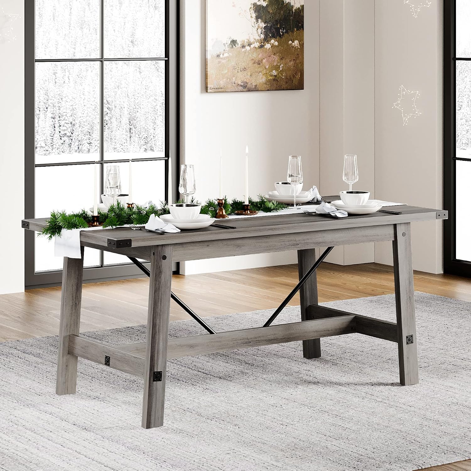 WAMPAT 4-6 Person Farmhouse Dining Table with Heavy Duty Wooden Legs, 67.7 Inch Rectangular Modern Wood Kitchen Table for Dining Room & Living Room, Rustic Grey